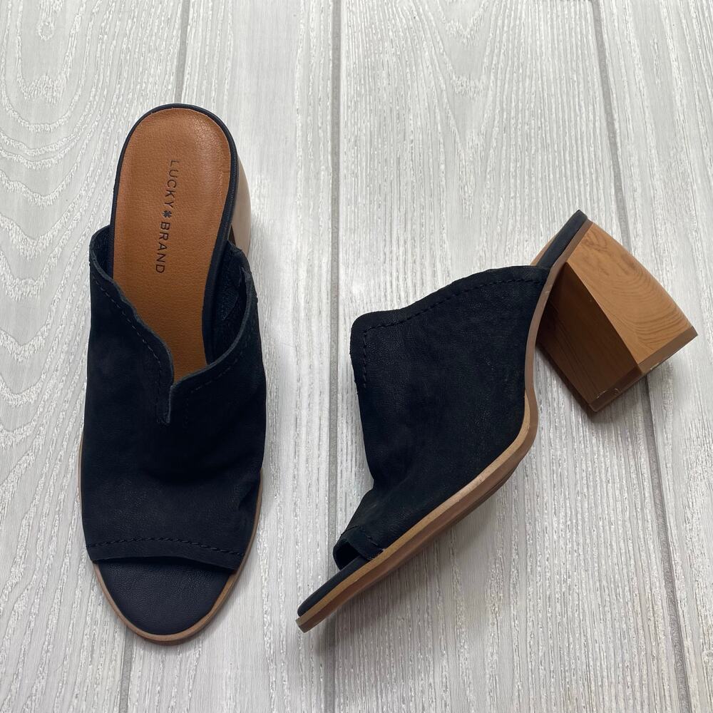 Lucky Brand Xennal Black Leather Open Toe Chunky Heel Mules Size 9.5